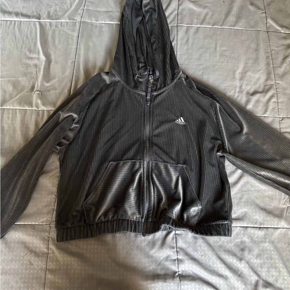 Adidas Gray Bomber Jacket with Hood and Zipper